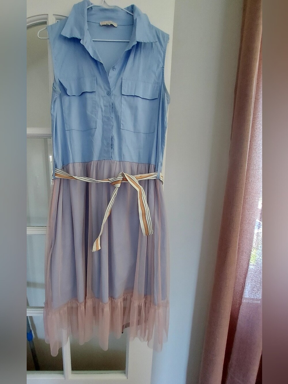 Chiara Nannini Blue & Blush Sleeveless Shirt Dress with Tulle Skirt